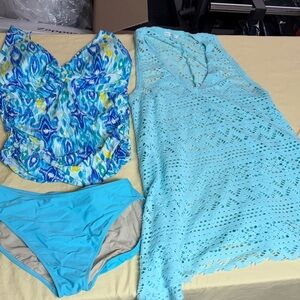 Robin Piccone Light Blue tankini w full bottom & Crochet Cover-Up